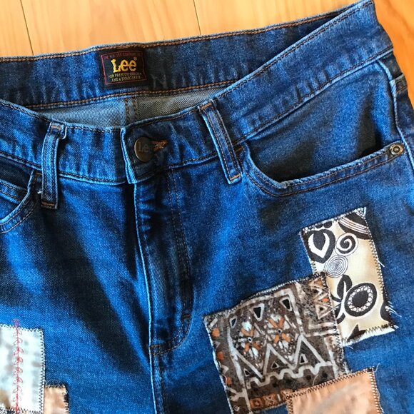 Upcycled Boho Patchwork Jeans, Women's Size 10: Coffee-Inspired Hippie Pants - Picture 11 of 15
